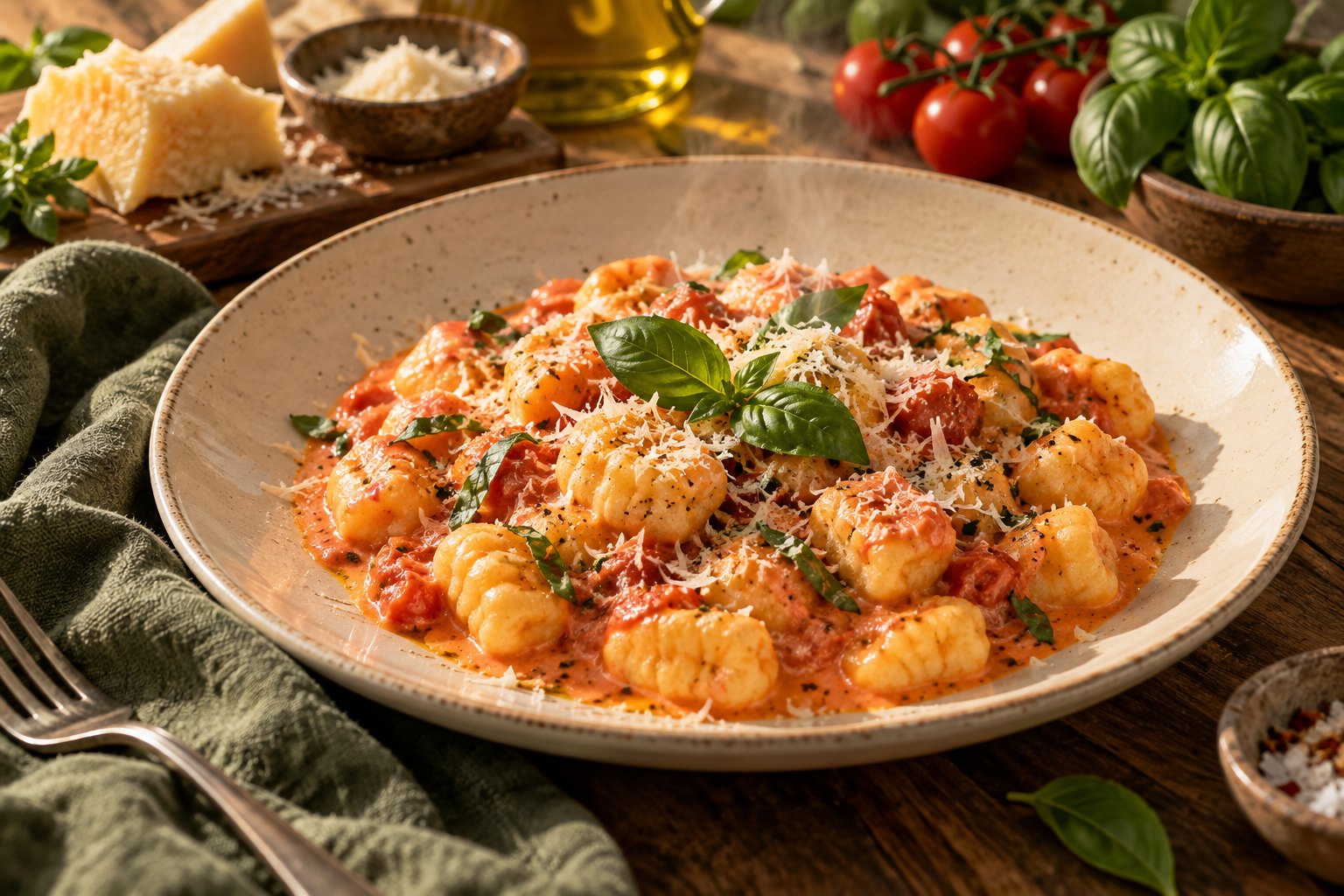 Illustrative bowl of gnocchi in tomato cream sauce with basil
