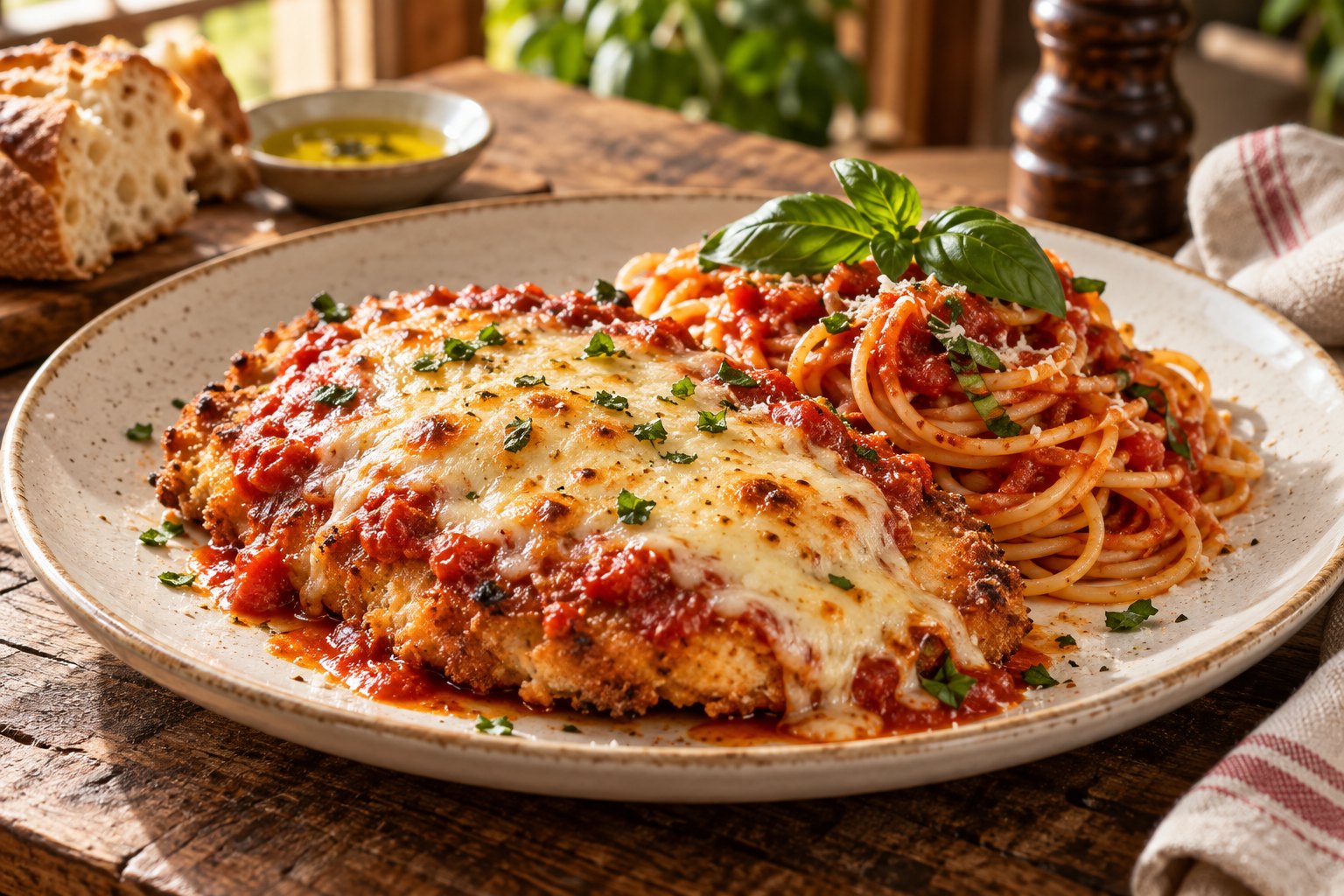 Illustrative chicken parmigiana with spaghetti